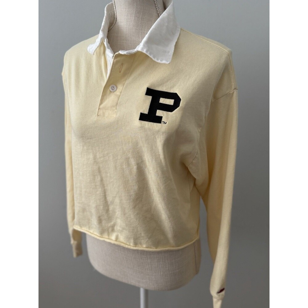 League 91 Light Yellow Purdue University Long‎ Sleeve Cropped Polo Sz S